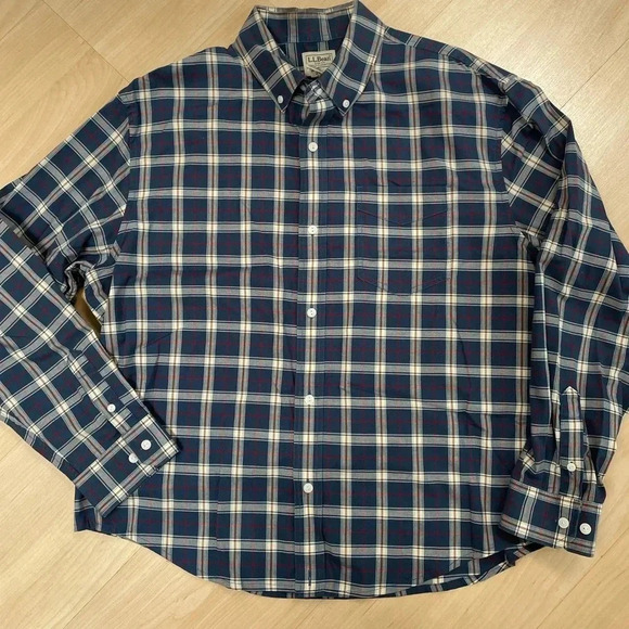 LL Bean Men’s Plaid Long Sleeve Shirt Button Up Size Large Red/Blue - Picture 1 of 5
